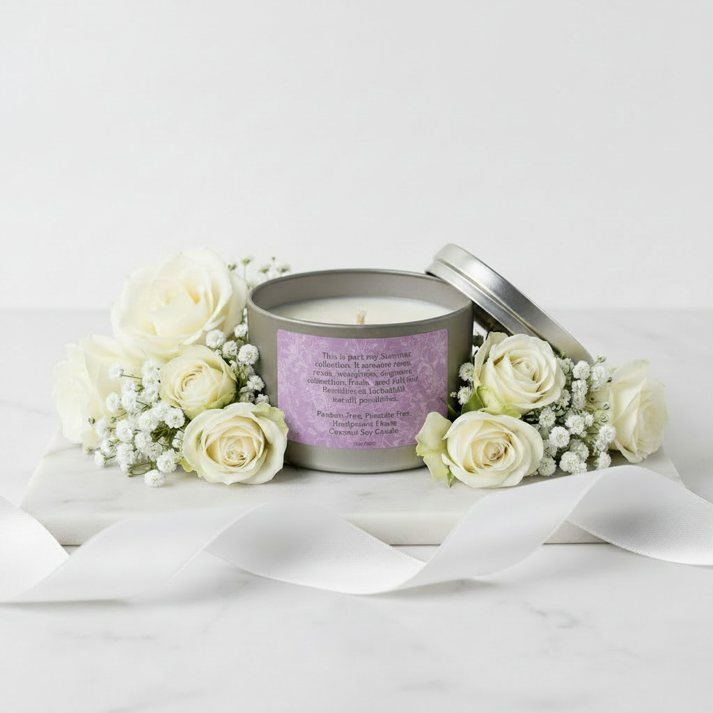 Bridal Bouquet Candle - Back View, Correct Label Color